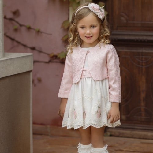 فستان سكري مطرز بحزام وجاكيت وردي انيق