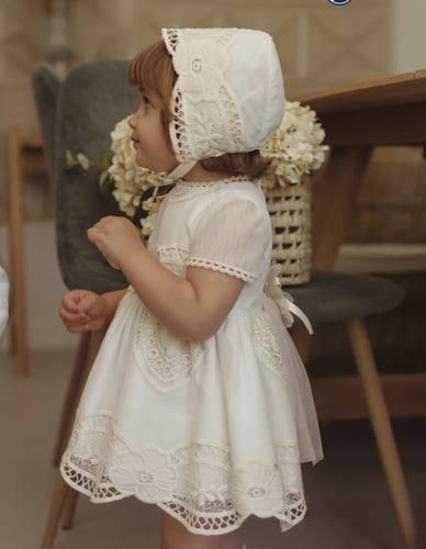 فستان بيبي سكري تل مطرز ومخرم 3 قطع