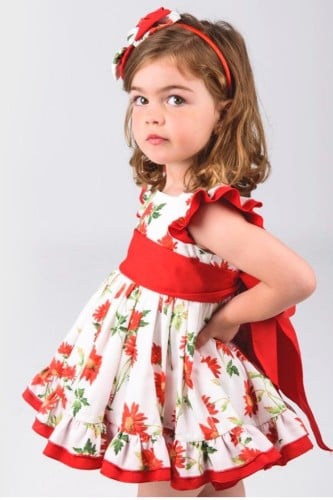 فستان بيبي أبيض مشجر أحمر قطعتين