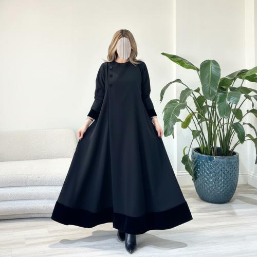 عباية كريب سيراميك فاحم مع تدخيلات مخمل (007)