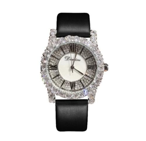 ساعة فضية مرصعه بالكريستال مع ستراب اسود