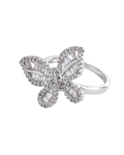 خاتم فضي على شكل فراشة مرصع بالكريستال