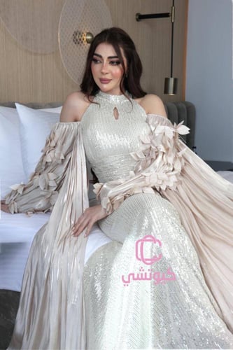 فستان سهرة ترتر ذهبي لامع بأكمام حرير راقي | فساتي...