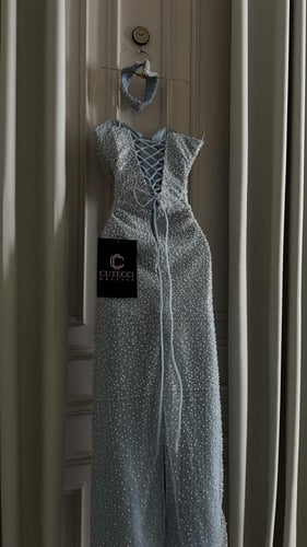 فستان سهرة أزرق لؤلؤ سماوي