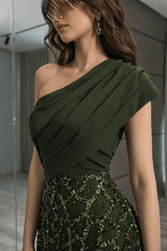 فستان سهره زيتوني بتطريز فاخر