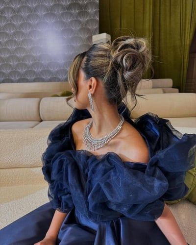 فستان كحلي طويل ميكادو صدر نافش