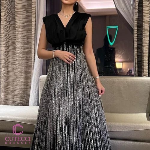 فستان أسود سهرة بتطريز عصري