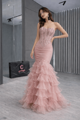 فستان سهرة وردي كورسيه فاخر