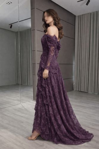 فستان سهرة موف كشكش دانتيل أنيق