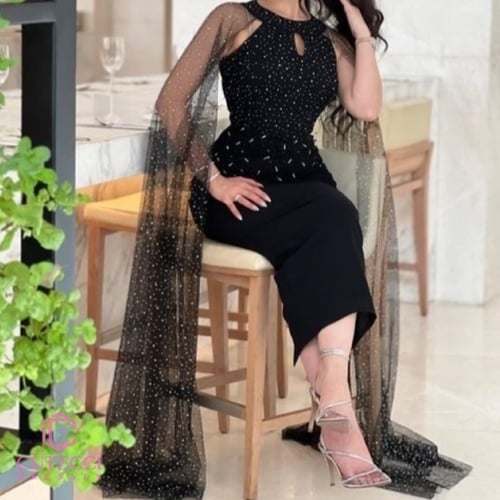 فستان سهرة اسود كريب بتطريز فاخر – 2025 | كيوتشي