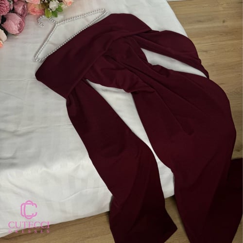 فستان لون عنابي كريب تب كم طويل راقي