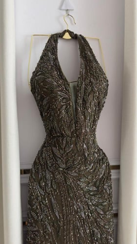 فستان سهرة زيتي مطرز فاخر