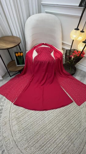 فستان سهرة احمر بارببي تطريز يدوي كرستال