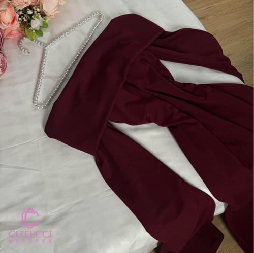 فستان لون عنابي كريب تب كم طويل راقي