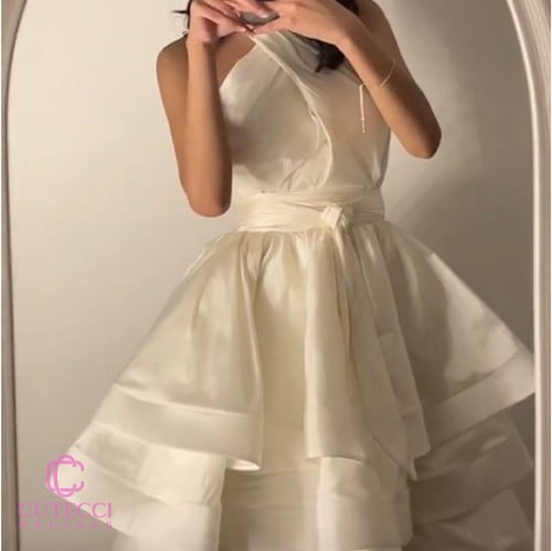 فستان سهرة شانتون بيج منفوش بطبقات ناعمة