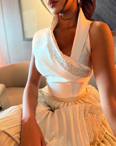 فستان سهرة أبيض ميكادو لمعة فخم