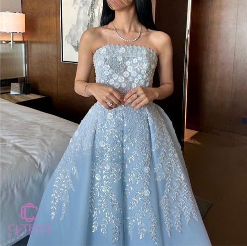 فستان اخت العروس لون سماوي تطريز راقي