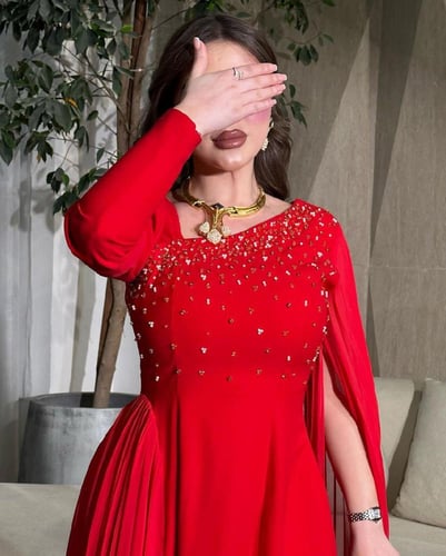 فستان سهرة احمر باربي كم شيفون