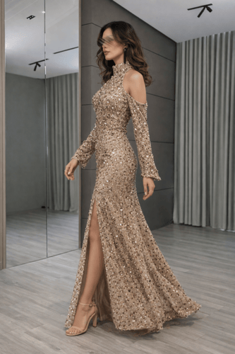 فستان سهرة ذهبي قماش وتطريز راقي