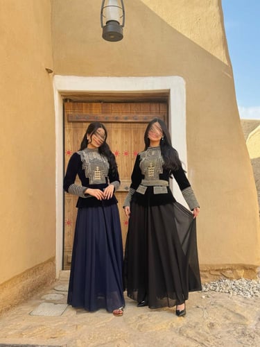 جلابية عسيرية مخمل لونين مطرز مع شيفون