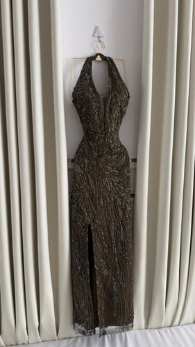 فستان سهرة زيتي مطرز فاخر