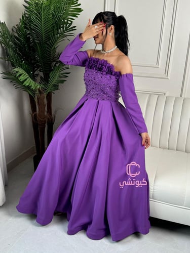 فستان موف ملكي مزين بورود وتطريز | Cutecci