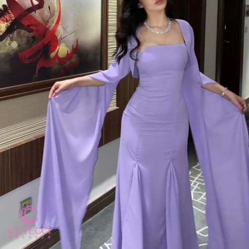 فستان سهرة موف ملكي بأكمام منسدلة