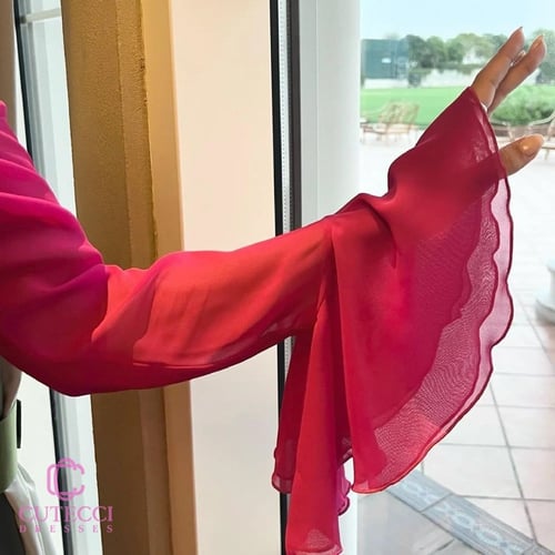 فستان سهرة فوشي شيفون بأكمام كشكش