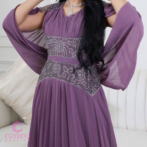 فستان سهرة بنفسجي شيفون مطرز