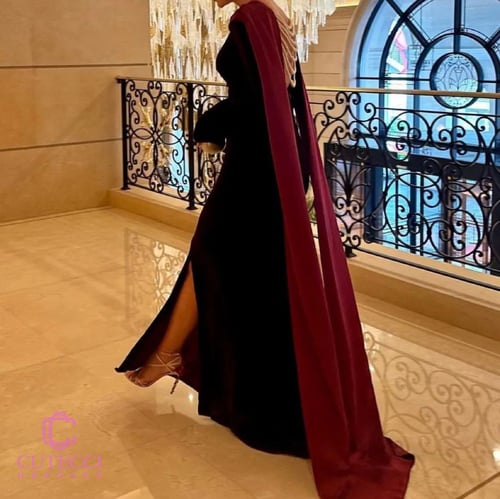 فستان عنابي شتوي بشال فاخر من كيوتشي – إطلالة فخمة...