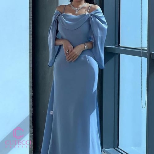 فستان سهرة تفتة روسي بكتف منسدل