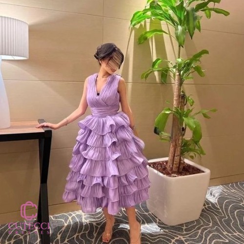 فستان مناسبات موف فاتح بطبقات فاخرة