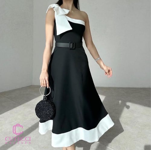 فستان سهرة ميدي بكتف فيونكة أنيقة