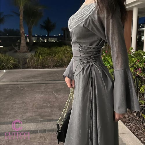 فستان رصاصي غامق كرينكل ربط من كيوتشي
