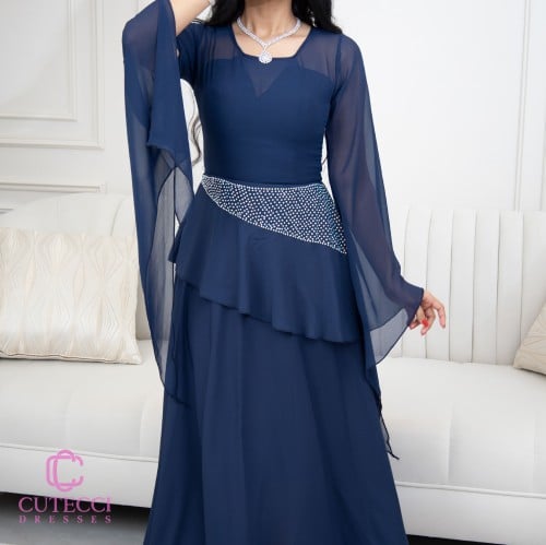 فستان كحلي شيفون بفصوص كرستال – CUTECCI