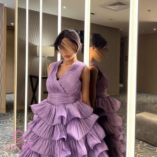 فستان مناسبات موف فاتح بطبقات فاخرة