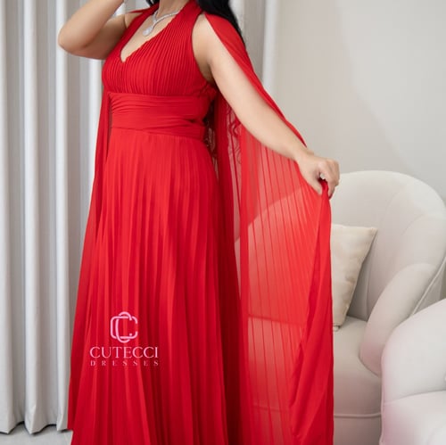 فستان سهره أحمر شيفون بكسرات – CUTECCI