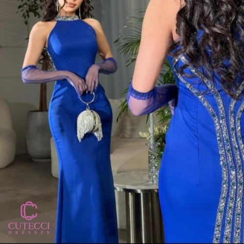 فستان سهرة نيلي تطريز كم تل | كيوتشي CUTECCI فساتي...