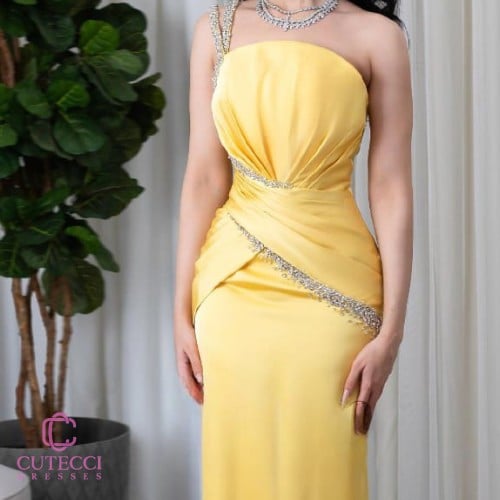 فستان سهرة كموني مطرز فاخر