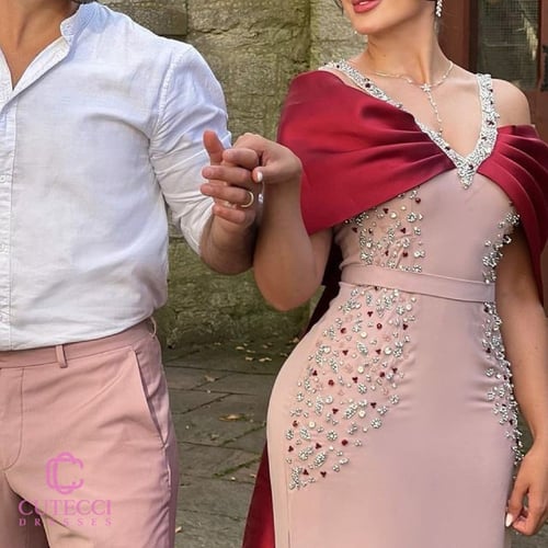 فستان سهرة مطرز كريستال بألوان أنثوية