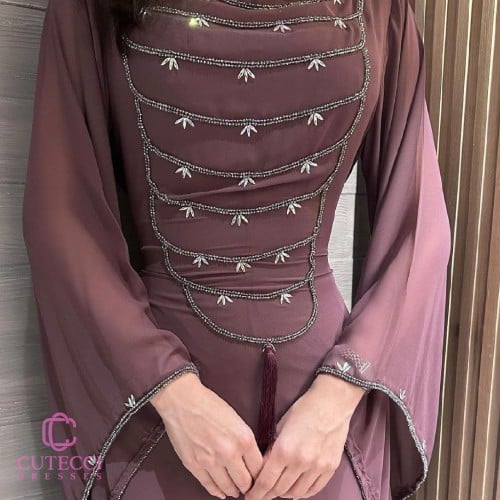 فستان موف سهرة مطرز ظهر ربط راقي