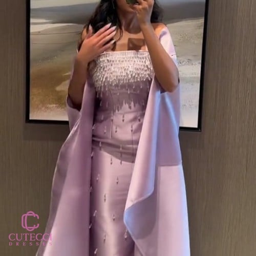 فستان سهرة موف طويل بتطريز وشال ساحر