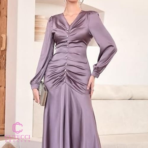 فستان سهرة موف ساتان أنيق مطرز لولو