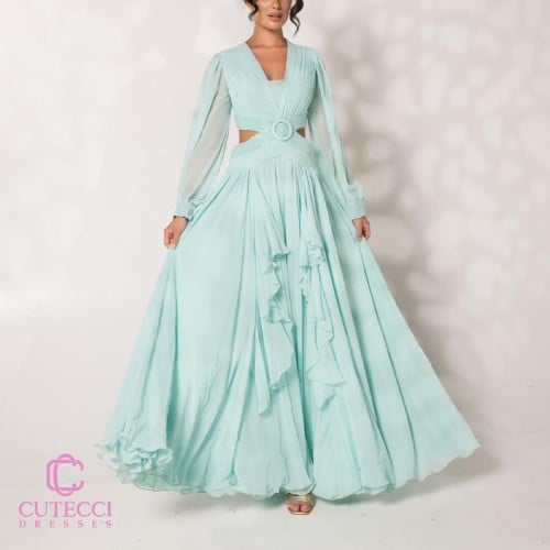 فستان سهرة تركوازي بحزام مطرز