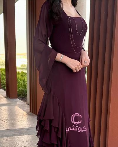 فستان موف غامق شيفون بتفاصيل ناعمة