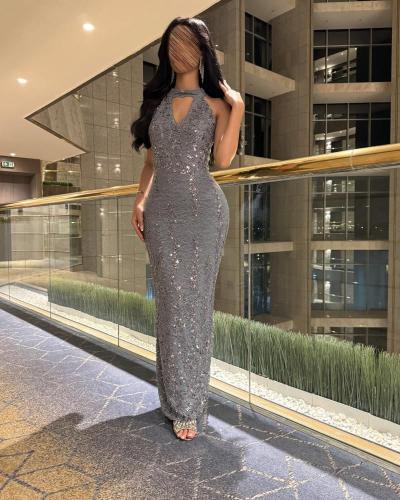 فستان سهرة دانتيل مطرز رصاصي