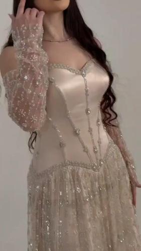 فستان سهرة شامبين بتطريز ملكي ناعم