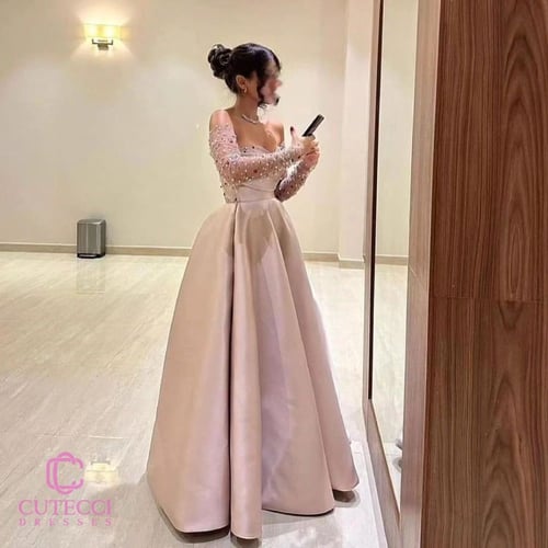 فستان سهرة لحمي ميكادو مطرز ناعم