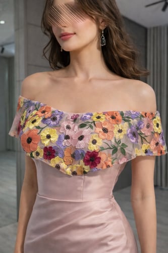 فستان سهرة مشجر ساتان مطرز بالورود