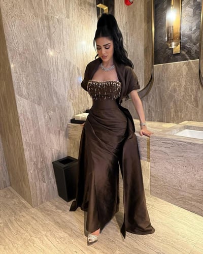 فستان بني ماسك صدر تطريز | Cutecci